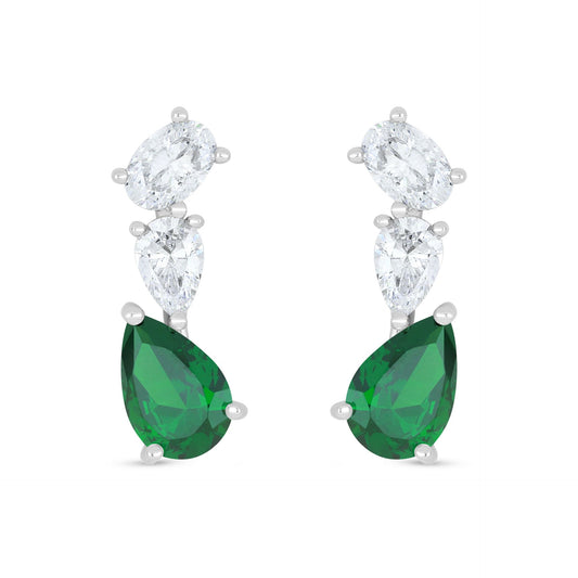 Sterling Silver 925 Earring Rhodium Plated Embedded With Emerald Zircon And White Zircon