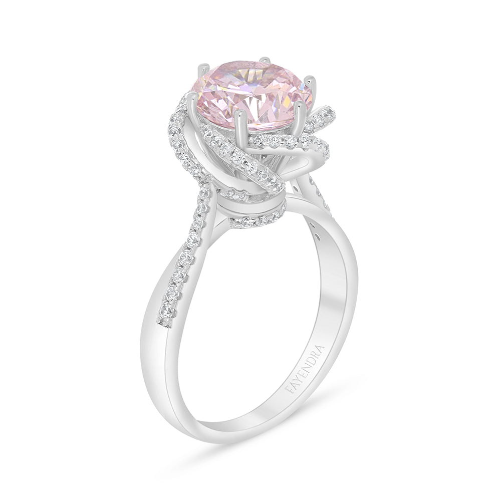 Sterling Silver 925 Ring Rhodium Plated Embedded With Pink Zircon And White Zircon