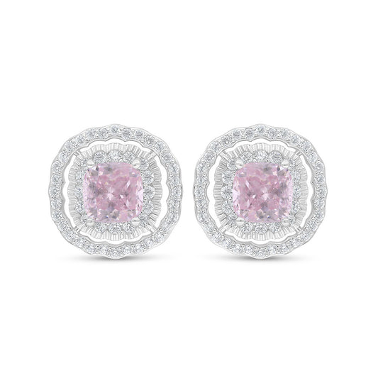 Sterling Silver 925 Earring Rhodium Plated Embedded With Pink Zircon And White Zircon