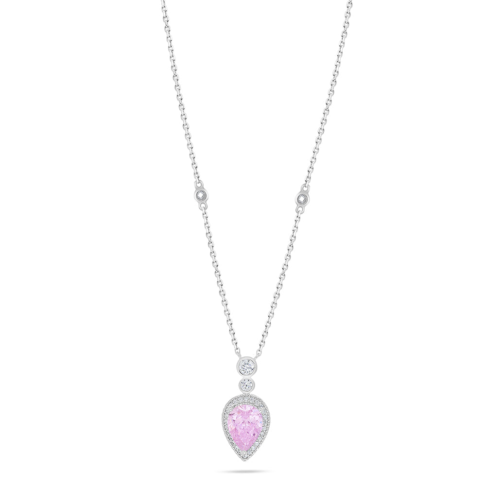 Sterling Silver 925 Necklace Rhodium Plated Embedded With Pink Zircon And White Zircon