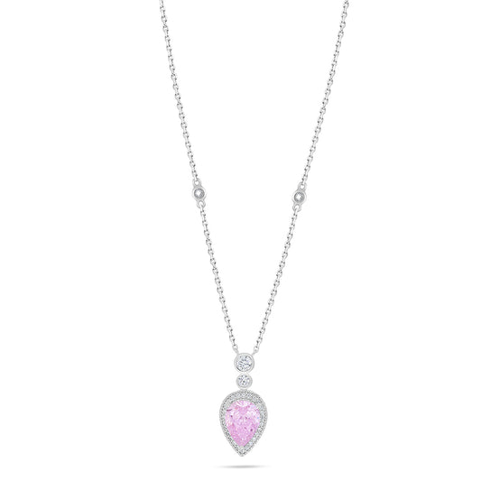 Sterling Silver 925 Necklace Rhodium Plated Embedded With Pink Zircon And White Zircon