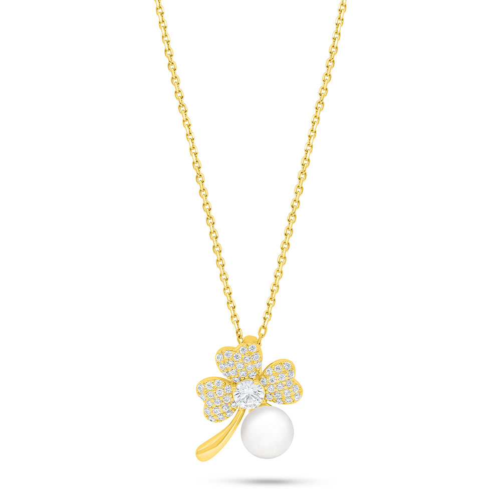 Sterling Silver 925 Necklace Golden Plated Embedded With Natural White Pearl And White Zircon