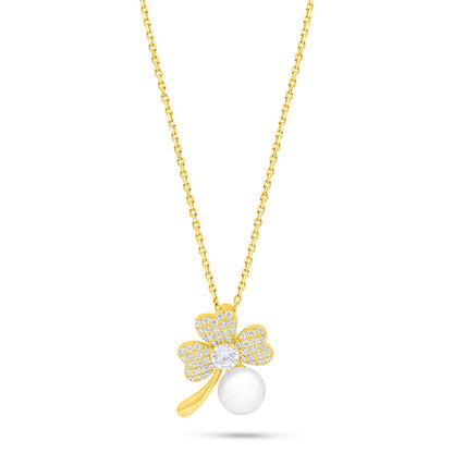 Sterling Silver 925 Necklace Golden Plated Embedded With Natural White Pearl And White Zircon