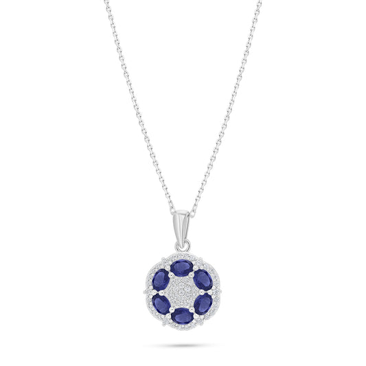 Sterling Silver 925 Necklace Rhodium Plated Embedded With Sapphire Corundum And White Zircon