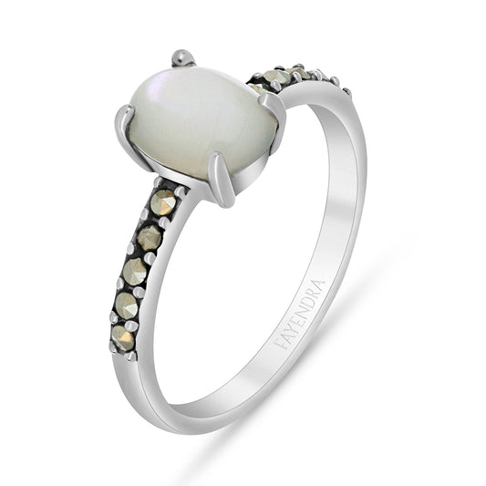 Sterling Silver 925 Ring Embedded With Natural White Shell And Marcasite Stones
