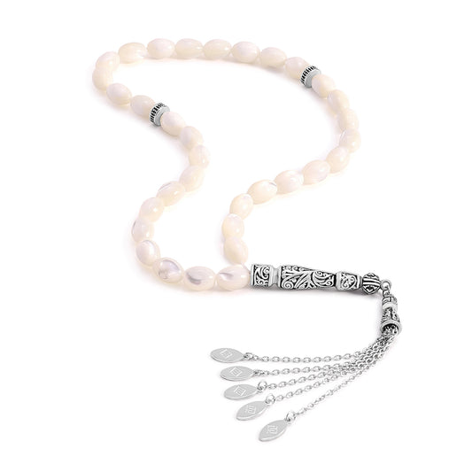 White Shell Rosary 33 Olive Beads 8*11 mm Whit Stainless Steel 316L Set (Silver & Black Plated)