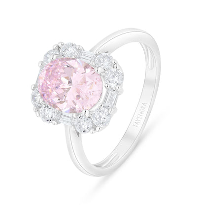 Sterling Silver 925 Ring Rhodium Plated Embedded With Pink Zircon And White Zircon