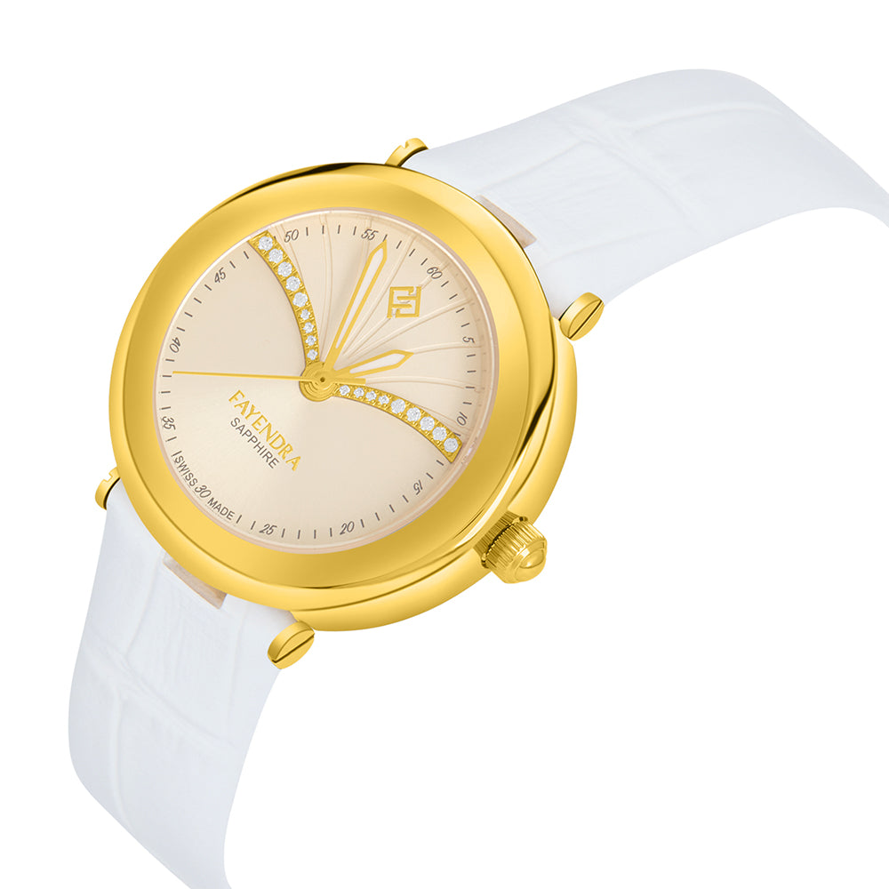 ساعة ستانلس ستيل عيار L316 بلون ذهبى جلد ابيض و فص ابيض -  مينا معدنية باللون الذهبي الفاتح  