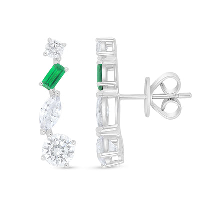 Sterling Silver 925 Earring Rhodium Plated Embedded With Emerald Zircon And White Zircon