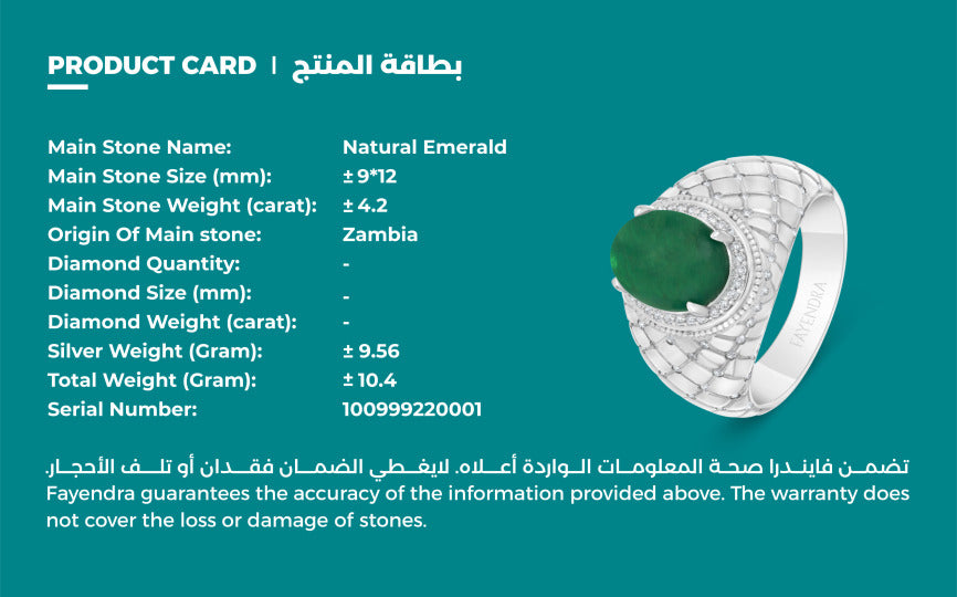 Sterling Silver 925 Men Ring Rhodium Plated Embedded With Natural Emerald And White Zircon