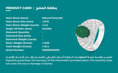 Sterling Silver 925 Men Ring Rhodium Plated Embedded With Natural Emerald And White Zircon