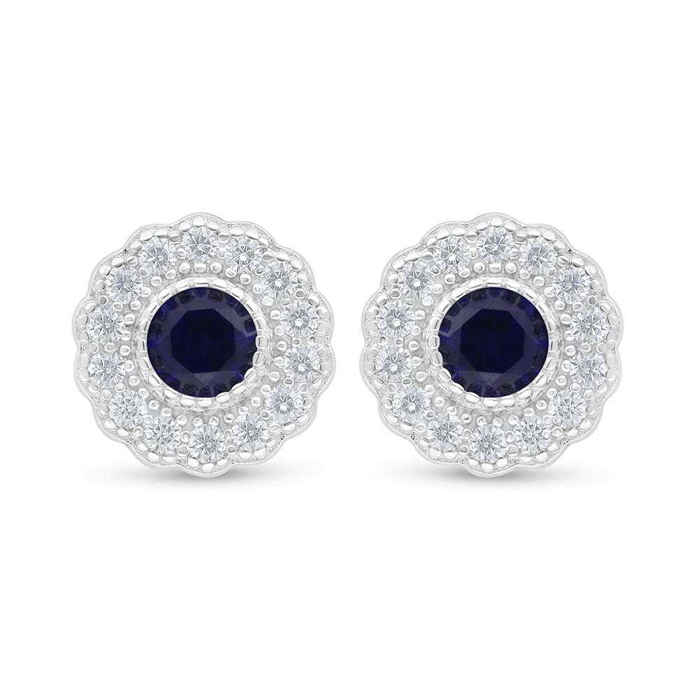Sterling Silver 925 Earring Rhodium Plated Embedded With Sapphire Corundum And White Zircon