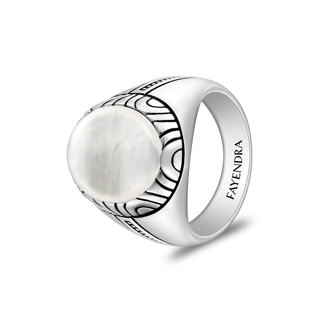 Sterling Silver 925 Ring Rhodium And Black Plated Embedded With Cabochon White Shell For Men