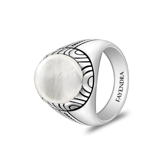 Sterling Silver 925 Ring Rhodium And Black Plated Embedded With Cabochon White Shell For Men