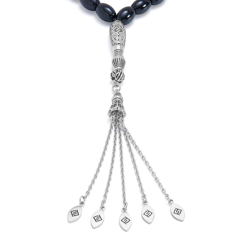 Rosary 33 Black Agate, Olive Cabochon, 8*12 mm With Stainless Steel 316L Set Silver And Black Plated