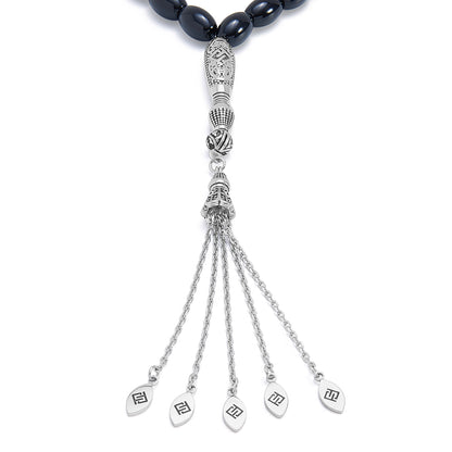 Rosary 33 Black Agate, Olive Cabochon, 8*12 mm With Stainless Steel 316L Set Silver And Black Plated