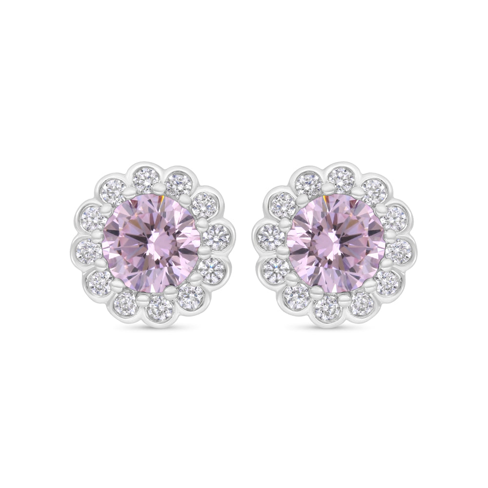 Sterling Silver 925 Earring Rhodium Plated Embedded With Pink Zircon And White Zircon