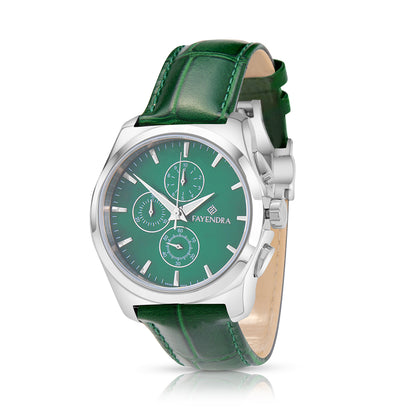 ساعة رجالي ستانلس ستيل عيار L316 بلون فضي جلد اخضر - مينا حجر صدف ام اللالئ الاخضر