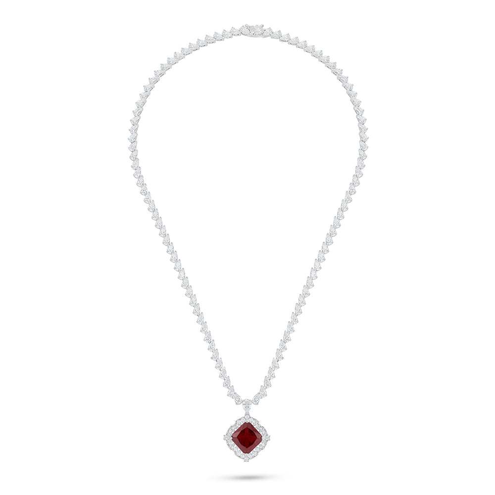 طقم من الفضة الخالصة عيار 925 مطلي روديوم و احجار ياقوت كروندوم و فص ابيض 