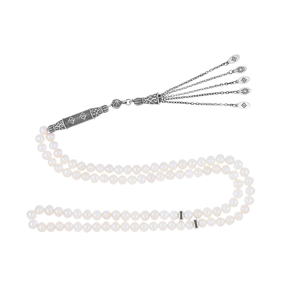 Rosary 100 Bead Embedded With 6mm Natural White Pearl Beads, And Oxidized Sterling Silver 925