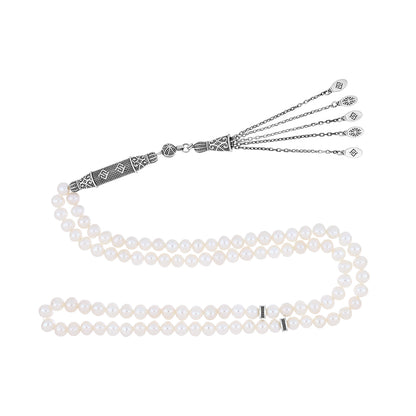 Rosary 100 Bead Embedded With 6mm Natural White Pearl Beads, And Oxidized Sterling Silver 925