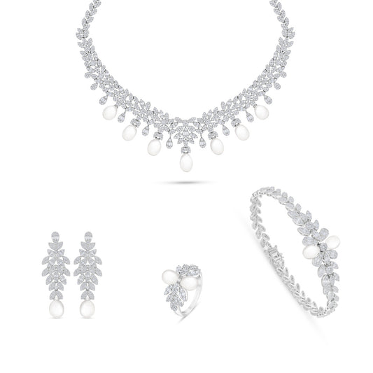 Sterling Silver 925 Set Rhodium Plated Embedded With Natural White Pearl And White Zircon