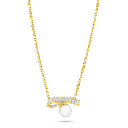 Sterling Silver 925 Necklace Golden Plated Embedded With Natural White Pearl And White Zircon