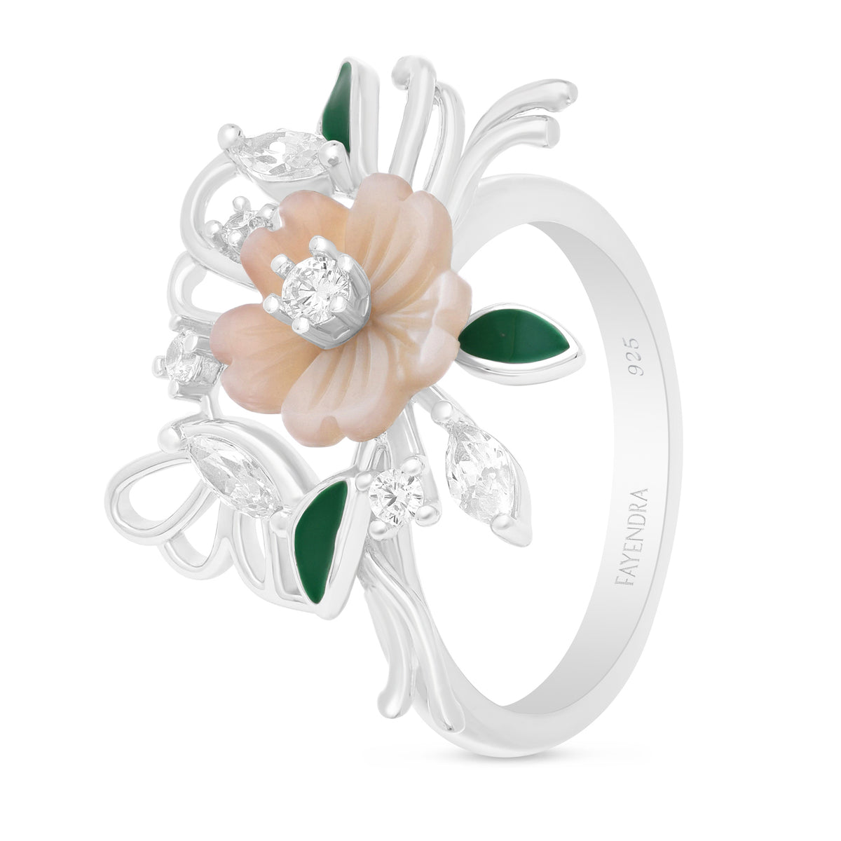 Sterling Silver 925 Ring Rhodium Plated Embedded With Pink Shell And White Zircon