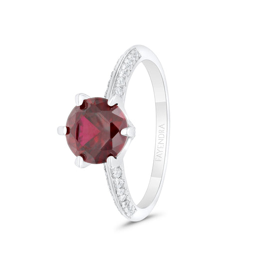 Sterling Silver 925 Ring Rhodium Plated Embedded With Ruby Corundum And White CZ