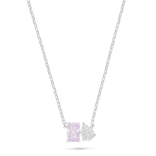 Sterling Silver 925 Necklace Rhodium Plated Embedded With Pink Zircon And White Zircon