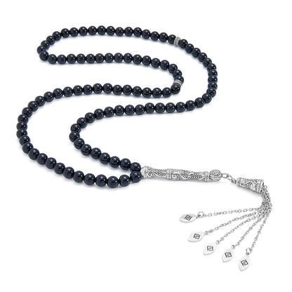 Rosary 100 Black Agate Beads Cabochon 6 mm With Stainless Steel 316L Set Silver And Black Plated