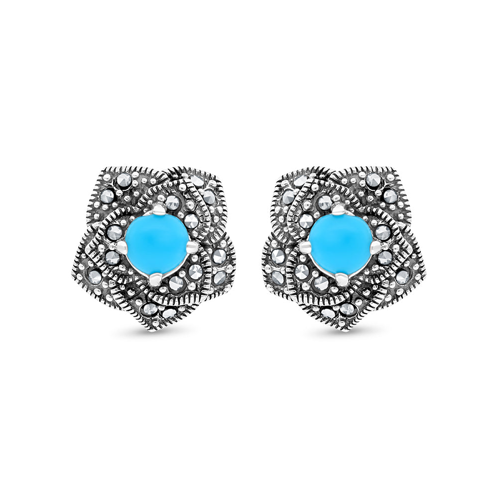Sterling Silver 925 Earring Embedded With Natural Processed Turquoise And Marcasite Stones