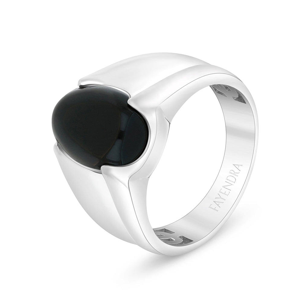 Sterling Silver 925 Ring Rhodium Plated Embedded With Cabochon Black Agate For Men