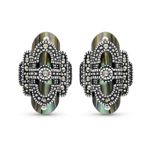 Sterling Silver 925 Earring Embedded With Natural Blue Shell And Marcasite Stones
