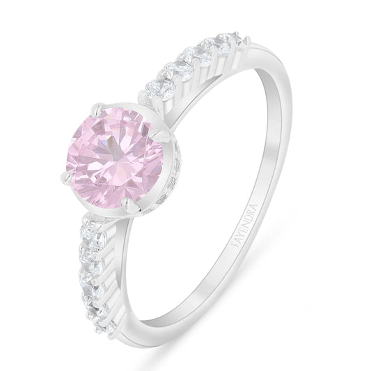 Sterling Silver 925 Ring Rhodium Plated Embedded With Pink Zircon And White Zircon