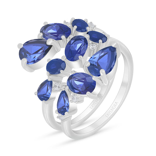 Sterling Silver 925 Ring Rhodium Plated Embedded With Sapphire Corundum And White Zircon