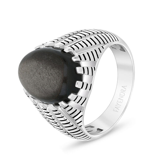 Sterling Silver 925 Ring Rhodium And Black Plated Embedded With Cabochon Obsidian For Men