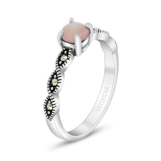 Sterling Silver 925 Ring Embedded With Natural Pink Shell And Marcasite Stones