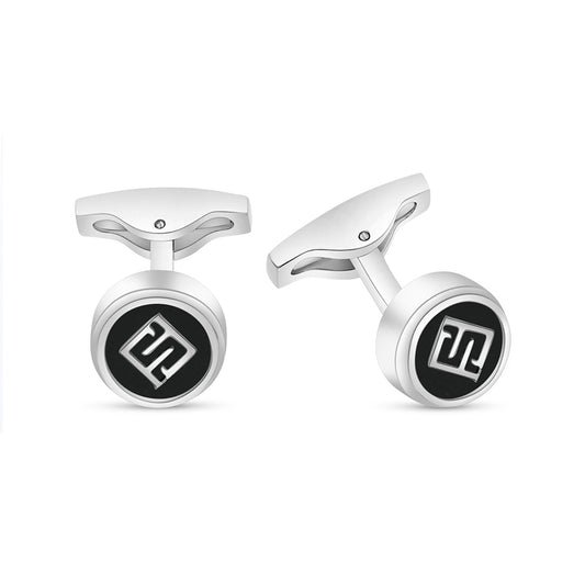 Stainless Steel Cufflink 316L Silver Color Embedded With Black Agate Matt Steel