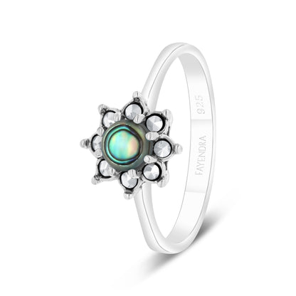 Sterling Silver 925 Ring Embedded With Natural Blue Shell And Marcasite Stones