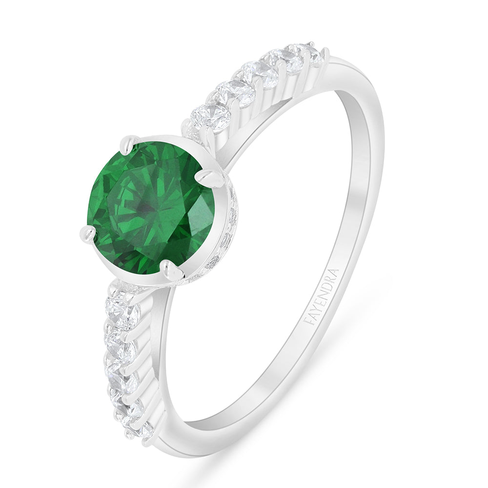 Sterling Silver 925 Ring Rhodium Plated Embedded With Emerald Zircon And White Zircon