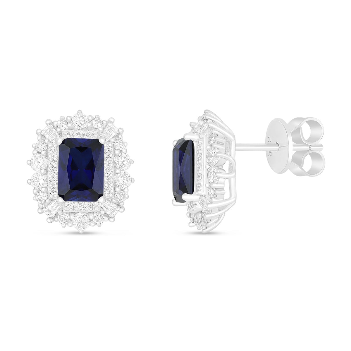 Sterling Silver 925 Earring Rhodium Plated Embedded With Sapphire Corundum And White Zircon