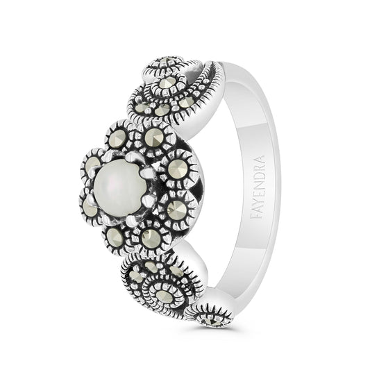 Sterling Silver 925 Ring Embedded With Natural White Shell And Marcasite Stones