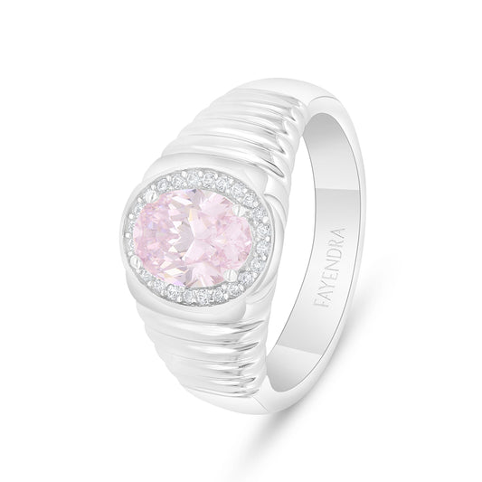 Sterling Silver 925 Ring Rhodium Plated Embedded With Pink Zircon And White Zircon