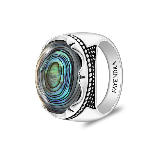 Sterling Silver 925 Ring Rhodium And Black Plated Embedded With Cabochon Paua Shell For Men