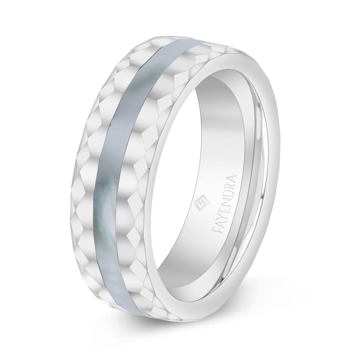 دبلة رجالي مصنوعة من التونغستان كاربيد بلون الستيل و احجار صدف ابيض