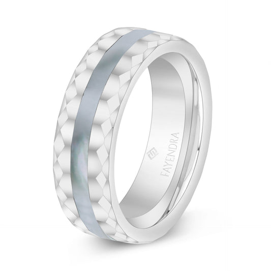 دبلة رجالي مصنوعة من التونغستان كاربيد بلون الستيل و احجار صدف ابيض