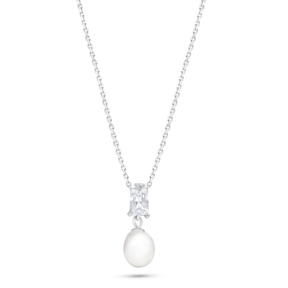 Sterling Silver 925 Necklace Rhodium Plated Embedded With Natural White Pearl And White Zircon