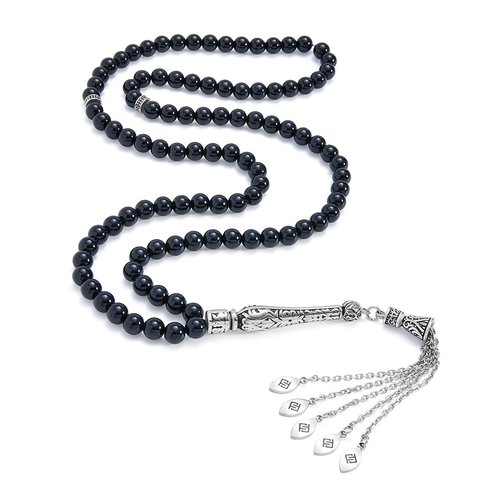 سبحة 100 احجار عقيق اسود بيلية كابشون 6 مل طقم ستانلس ستيل عيار 316L مطلى فضي واسود