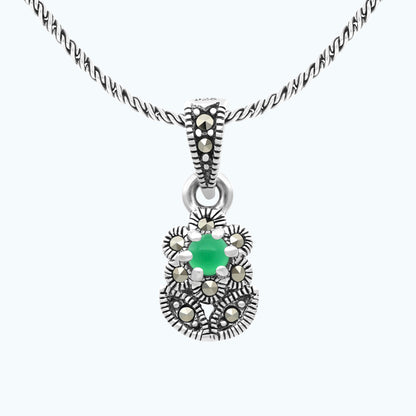 Sterling Silver 925 Pendant Embedded With Natural Green Agate And Marcasite Stones